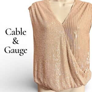 Cable & Gauge Champagne Sequin Surplice Shell Wrap Sleeveless Top Small NWT
